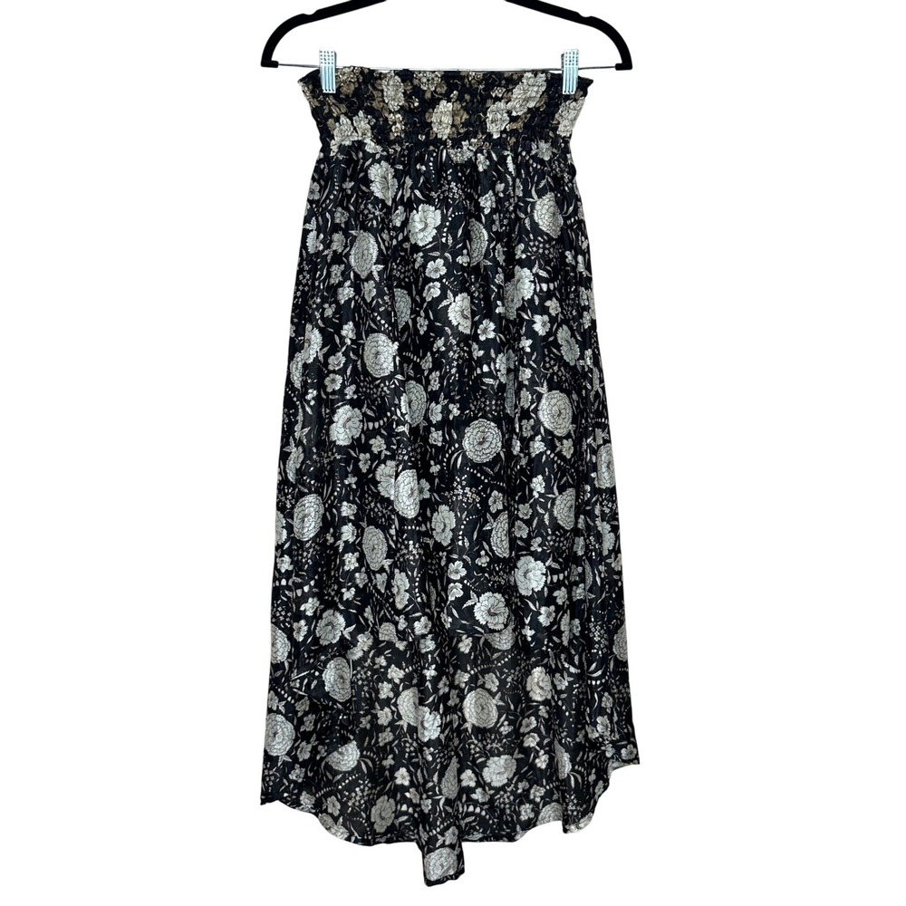 Equatorial 100% Silk Floral High-Low Maxi Skirt Black White Smocked Waist India